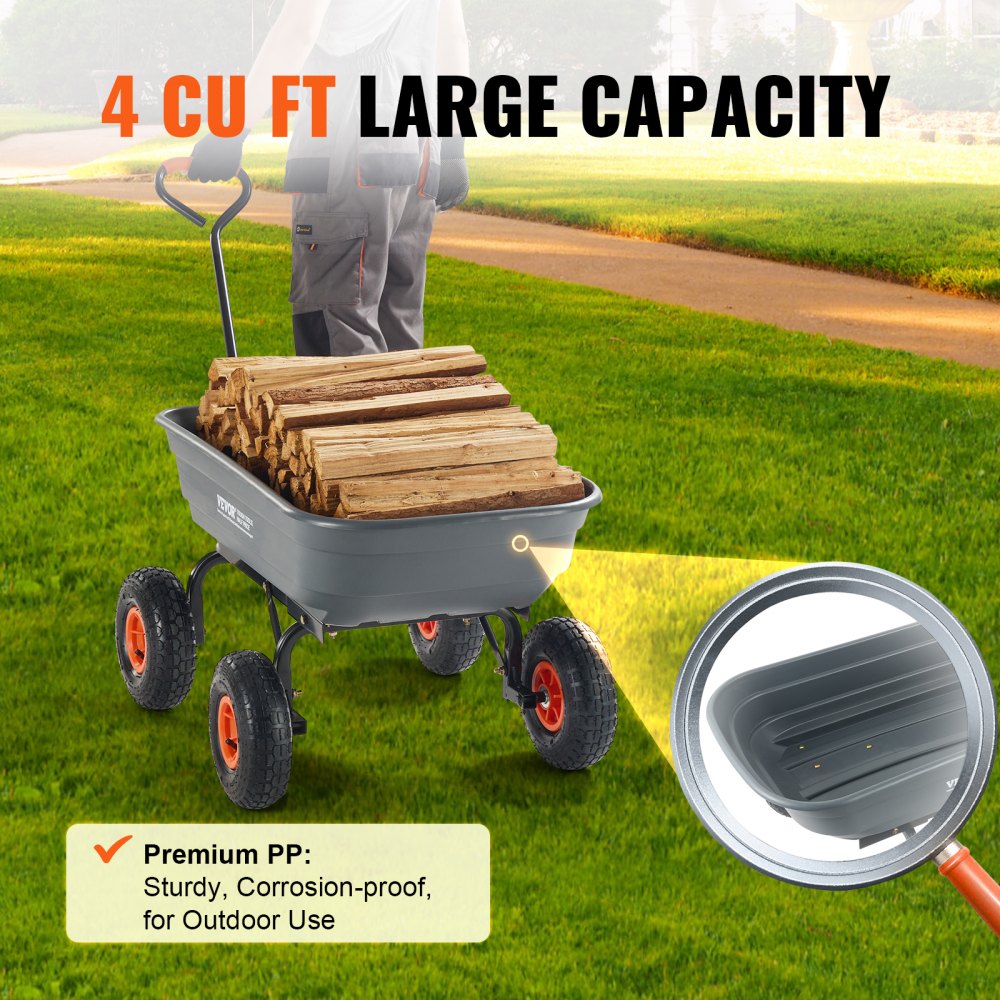 VEVOR Garden Cart, Durable Poly Dump Cart with Simple Assembly Steel Framework, Versatile Dump Cart with Dual-Function Handle, Handy Wheelbarrow with 600 lbs Load Capacity, 10 inch Wheels