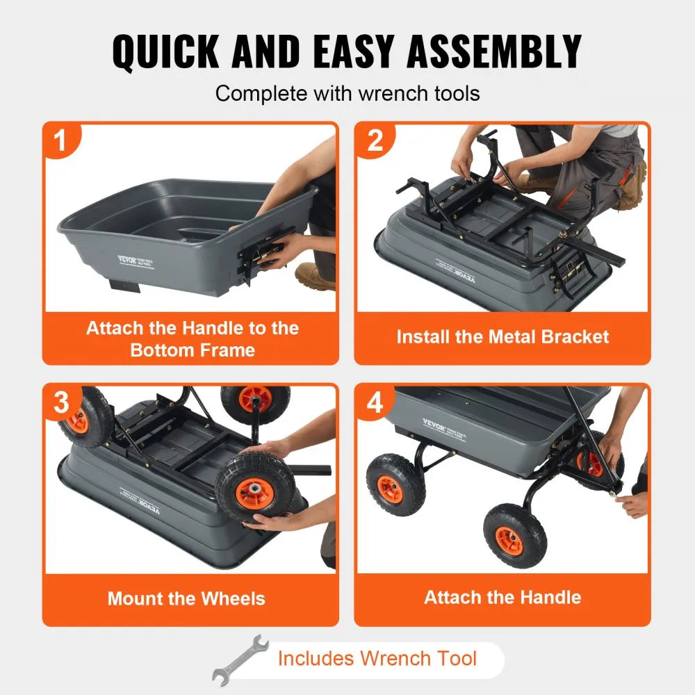VEVOR Garden Cart, Durable Poly Dump Cart with Simple Assembly Steel Framework, Versatile Dump Cart with Dual-Function Handle, Handy Wheelbarrow with 600 lbs Load Capacity, 10 inch Wheels