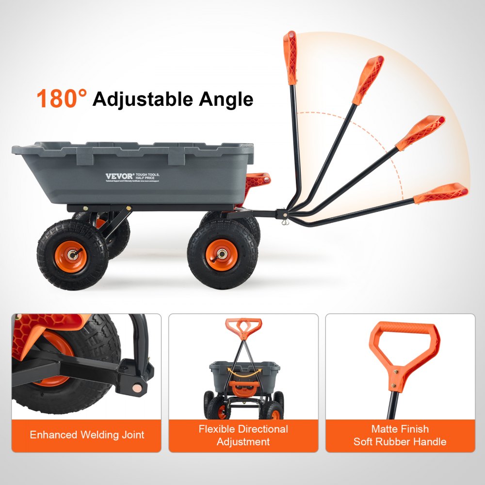 VEVOR Garden Cart, Durable Poly Dump Cart with Simple Assembly Steel Structure, Versatile Dump Wagon with Dual-Function Handle, Handy Wheelbarrow with 800 lbs Load Capacity, 10 inch Wheels