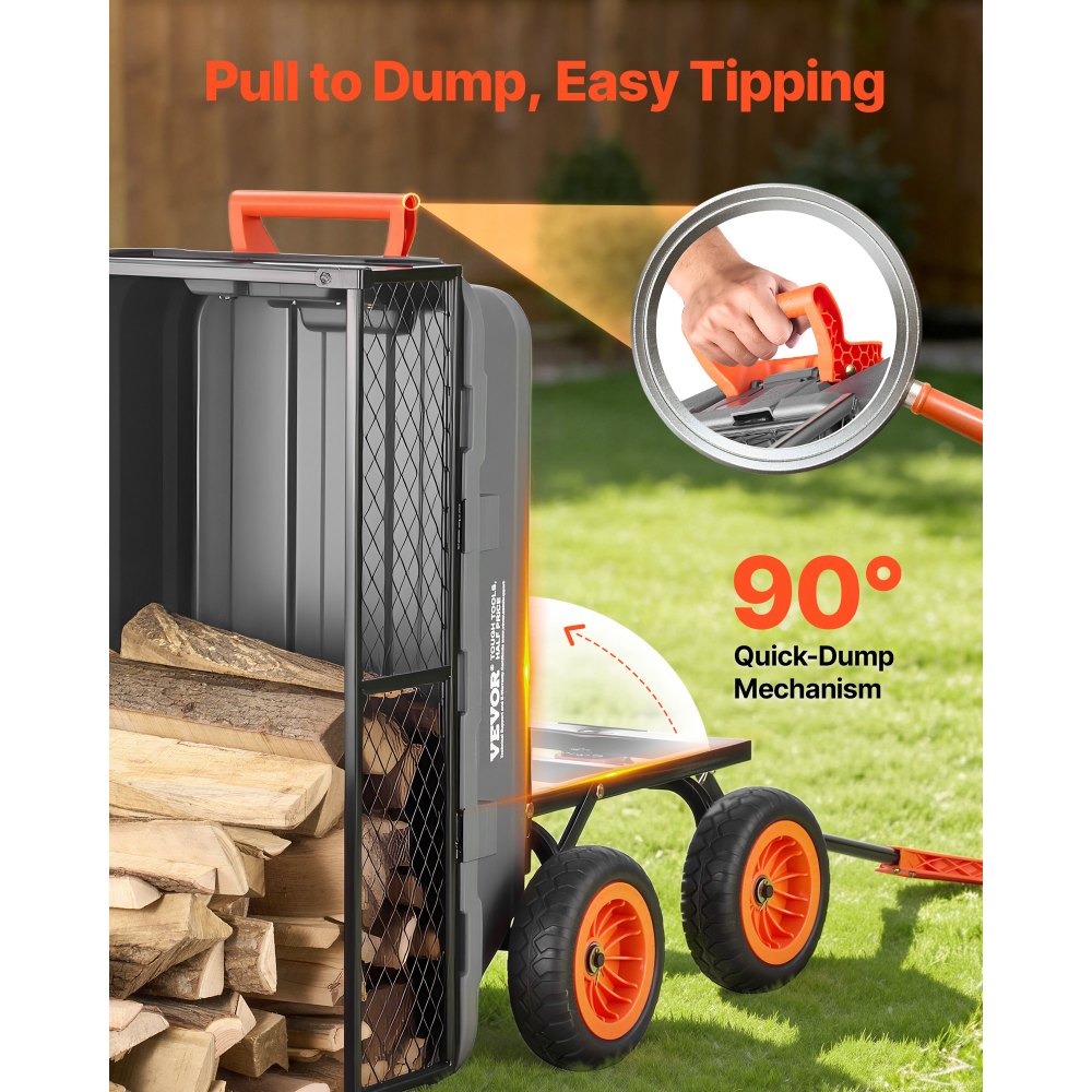 VEVOR Garden Dump Cart, 800 lbs Poly Dump Cart, Garden Carts Dumps Wagon with Storage Fence, 90° Quick-Dumps Mechanism, 180° Swivel Wheels, 90° Rotating Handle, Yard Wagon for Plants, Soil, Crops