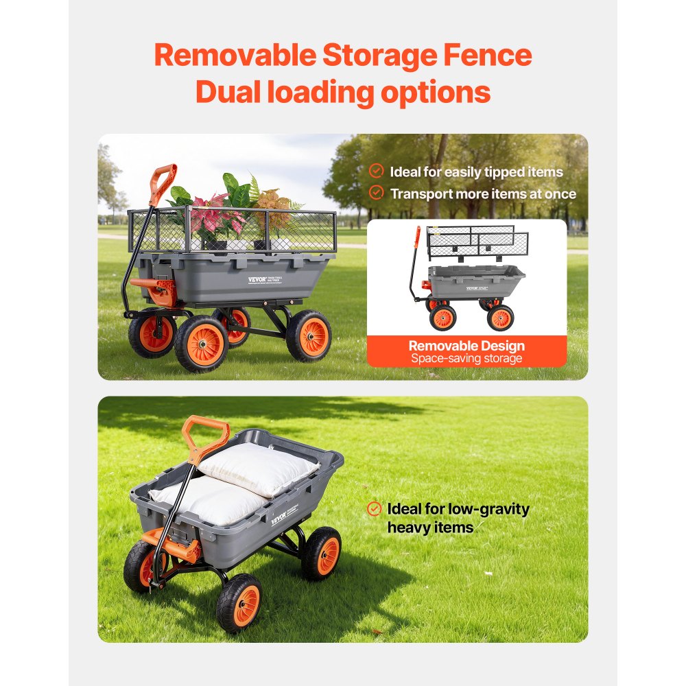 VEVOR Garden Dump Cart, 800 lbs Poly Dump Cart, Garden Carts Dumps Wagon with Storage Fence, 90° Quick-Dumps Mechanism, 180° Swivel Wheels, 90° Rotating Handle, Yard Wagon for Plants, Soil, Crops