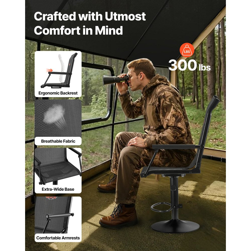VEVOR Hunting Chair, 360° Silent Swivel, Lightweight Blind Chair, Heavy-Duty Steel Frame Ground Stool Seat, with Padded Armrests, Height Adjustable, 300 Lbs Capacity, for Outdoor Fishing, Camping