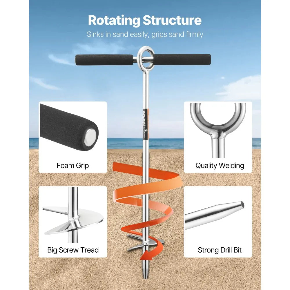 VEVOR Sand Anchor, 18 in Stainless Steel Beach Anchor, Screw in Sand Boat Anchors with Spiral Blade, Shallow Water Boat Auger Anchors, for Securing Jet Ski PWC Pontoon Kayak on Beaches and Sandbars