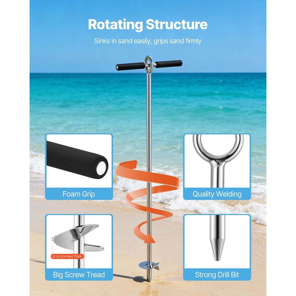 VEVOR Sand Anchor, 36 in Stainless Steel Beach Anchor, Screw in Sand Boat Anchors with Spiral Blade, Shallow Water Boat Auger Anchors, for Securing Jet Ski PWC Pontoon Kayak on Beaches and Sandbars