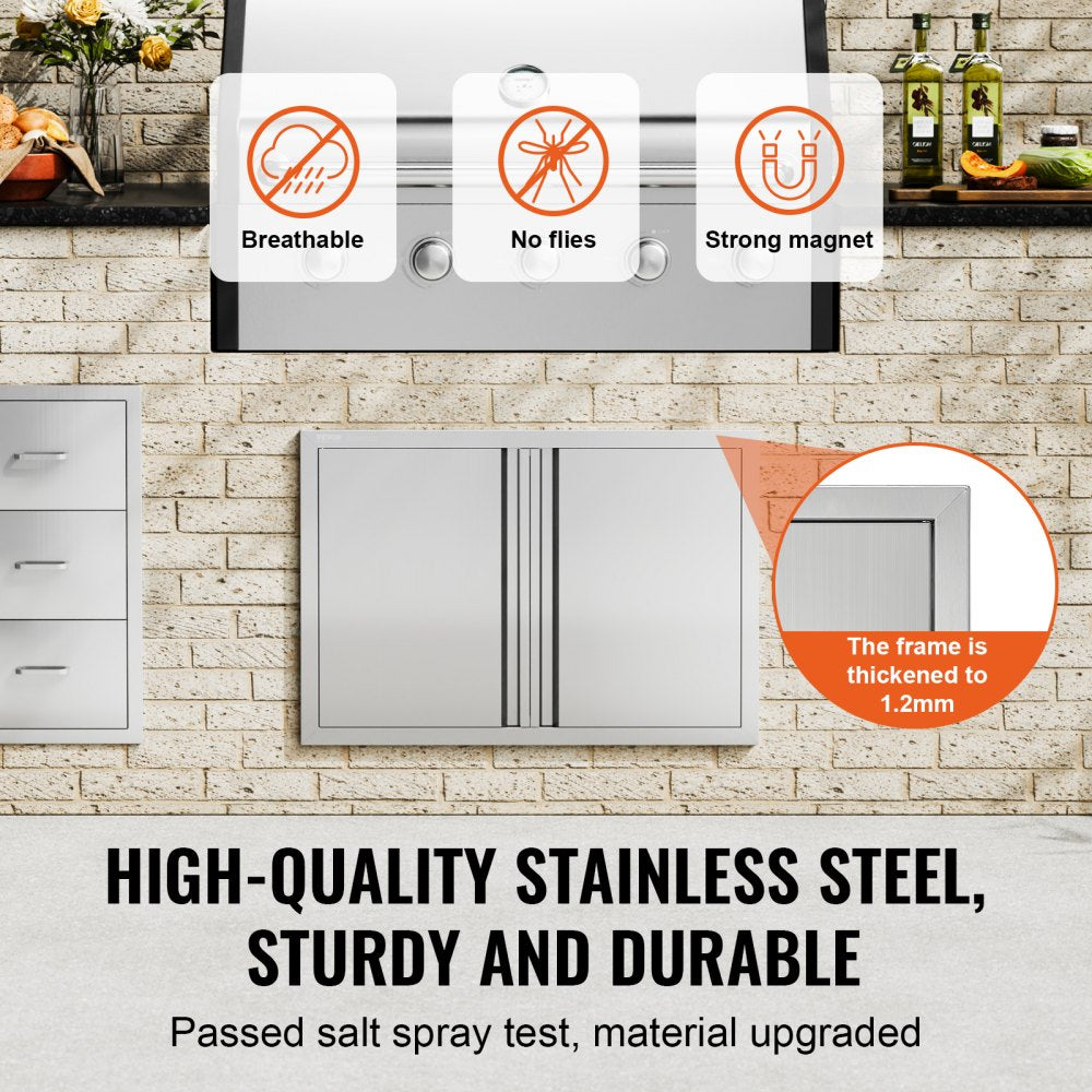 VEVOR BBQ Access Door, 30W x 21H Inch Double Outdoor Kitchen Door, Stainless Steel Flush Mount Door, Wall Vertical Door with Recessed Handles , for BBQ Island, Grilling Station, Outside Cabinet