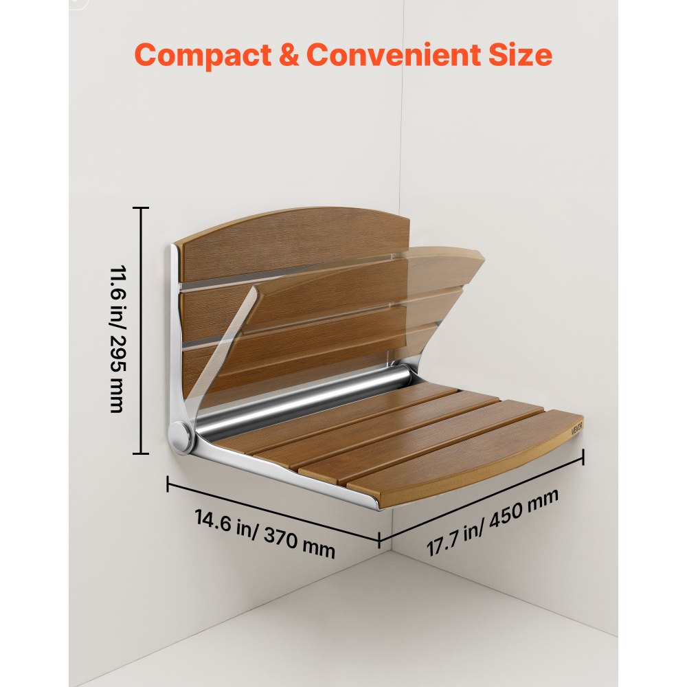 VEVOR Foldable Shower Seat Wall Mounted, 17.7" Folding Shower Bench with Supportive Backrest, Fold-Down Bathroom Corridor Seat with Stainless Steel Frame for Adults Seniors, 400LBS Loading