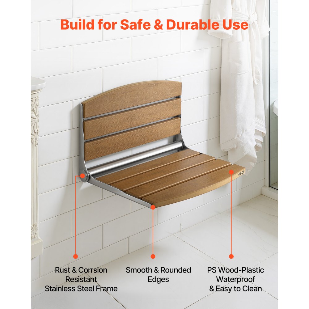 VEVOR Foldable Shower Seat Wall Mounted, 17.7" Folding Shower Bench with Supportive Backrest, Fold-Down Bathroom Corridor Seat with Stainless Steel Frame for Adults Seniors, 400LBS Loading