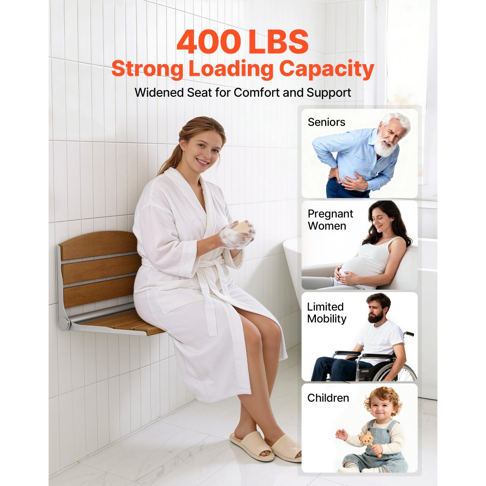 VEVOR Foldable Shower Seat Wall Mounted, 17.7" Folding Shower Bench with Supportive Backrest, Fold-Down Bathroom Corridor Seat with Stainless Steel Frame for Adults Seniors, 400LBS Loading