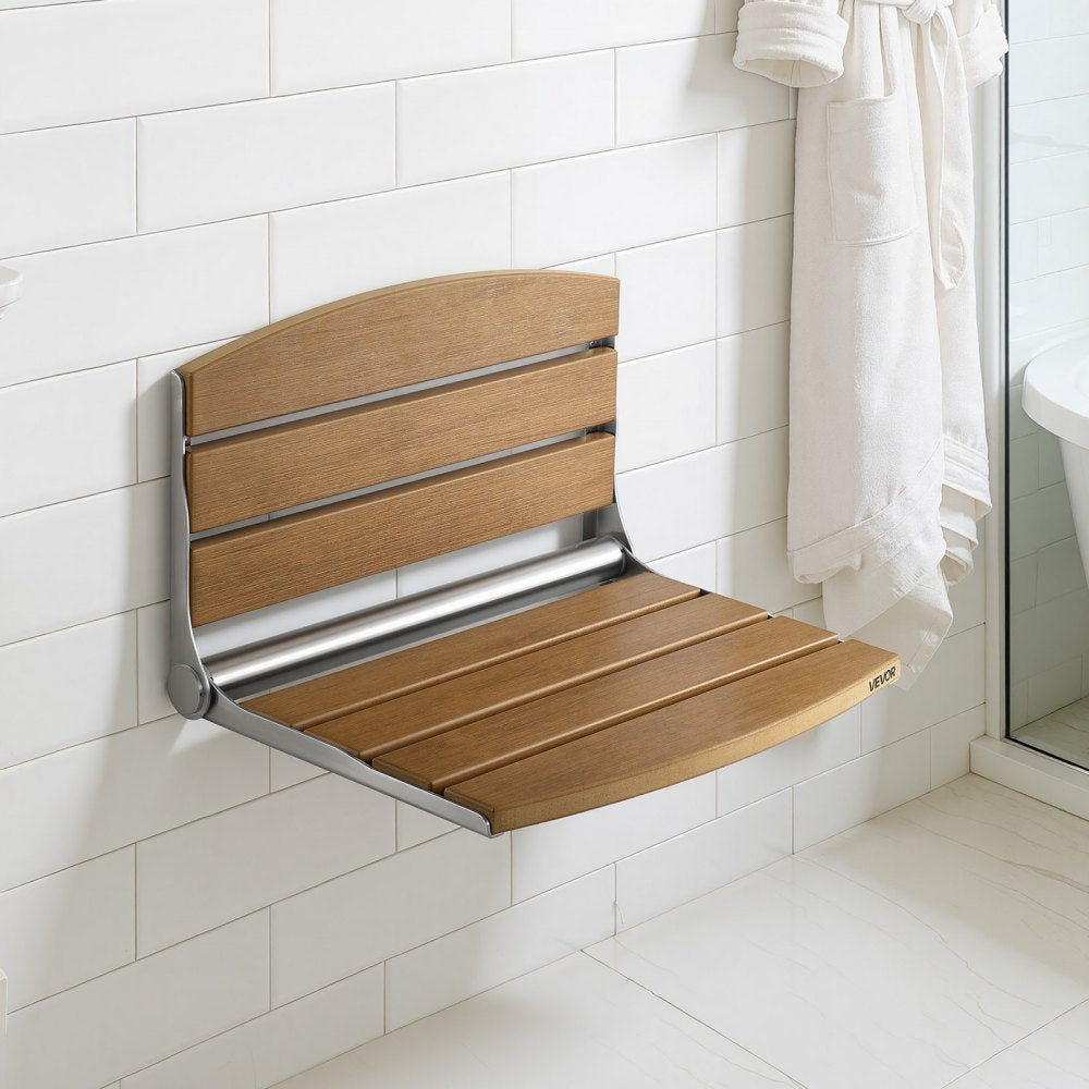 VEVOR Foldable Shower Seat Wall Mounted, 17.7" Folding Shower Bench with Supportive Backrest, Fold-Down Bathroom Corridor Seat with Stainless Steel Frame for Adults Seniors, 400LBS Loading