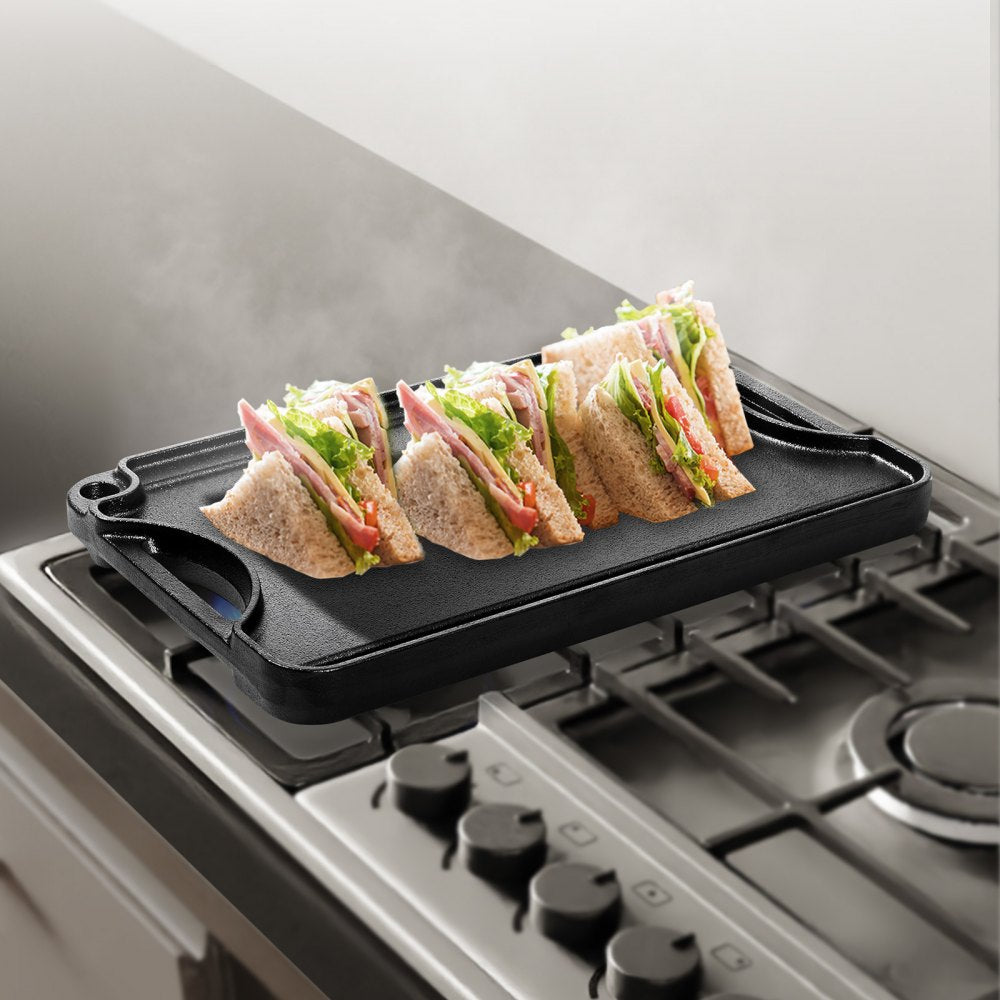 VEVOR Reversible Grill/Griddle, 14x8.5 inch Pre-Seasoned Cast Iron Griddle, Portable Rectangular Pan with Handle, Family Cookware for Indoor/Outdoor Stove Top Burner, Gas, Camping BBQ, Black