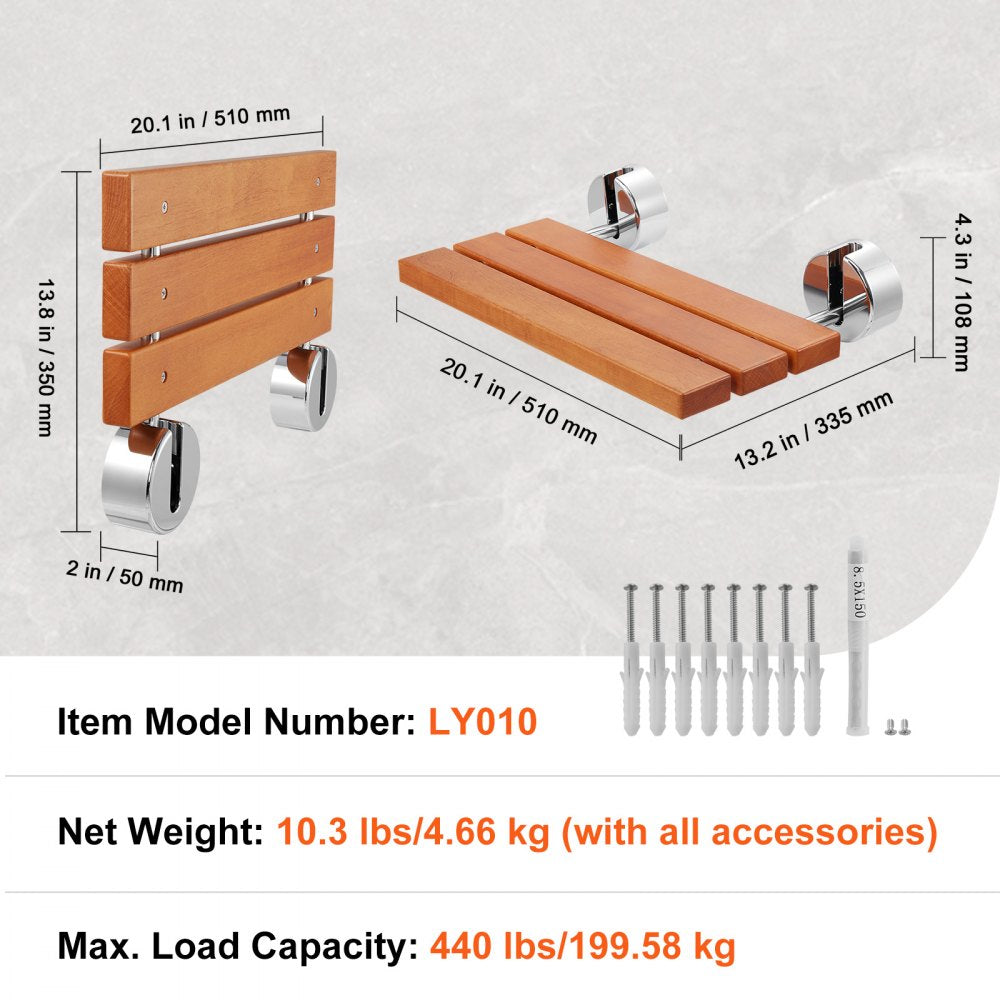 VEVOR Folding Teak Shower Seat, 20.1" x 13.2" Unfolded, Wall Mounted Fold Up Shower Bench with 440 lbs Load Capacity, Space Saving Home Care Fold Down Shower Chair, for Seniors Pregnant Women Children