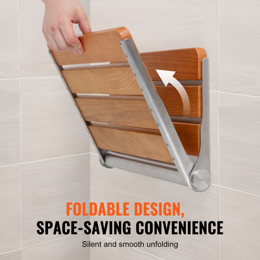 VEVOR Folding Oak Shower Seat, 16.1" x 13.4" Unfolded, Wall Mounted Fold Up Shower Bench with 440 lbs Load Capacity, Space Saving Home Care Fold Down Shower Chair, for Seniors Pregnant Women Children