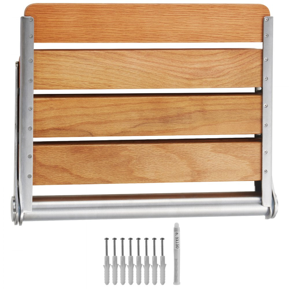 VEVOR Folding Oak Shower Seat, 16.1" x 13.4" Unfolded, Wall Mounted Fold Up Shower Bench with 440 lbs Load Capacity, Space Saving Home Care Fold Down Shower Chair, for Seniors Pregnant Women Children