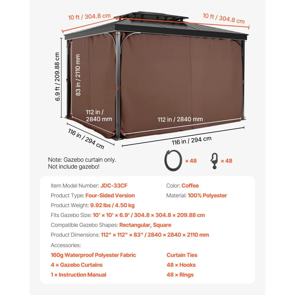 VEVOR Gazebo Curtains Outdoor, Fit Most 10' x 10' x 6.9' Gazebos, 4-Panel Sidewall Gazebo Privacy Curtains with Zippers, Outdoor Curtain Replacement for Patio Canopy, Only Curtain, Coffee
