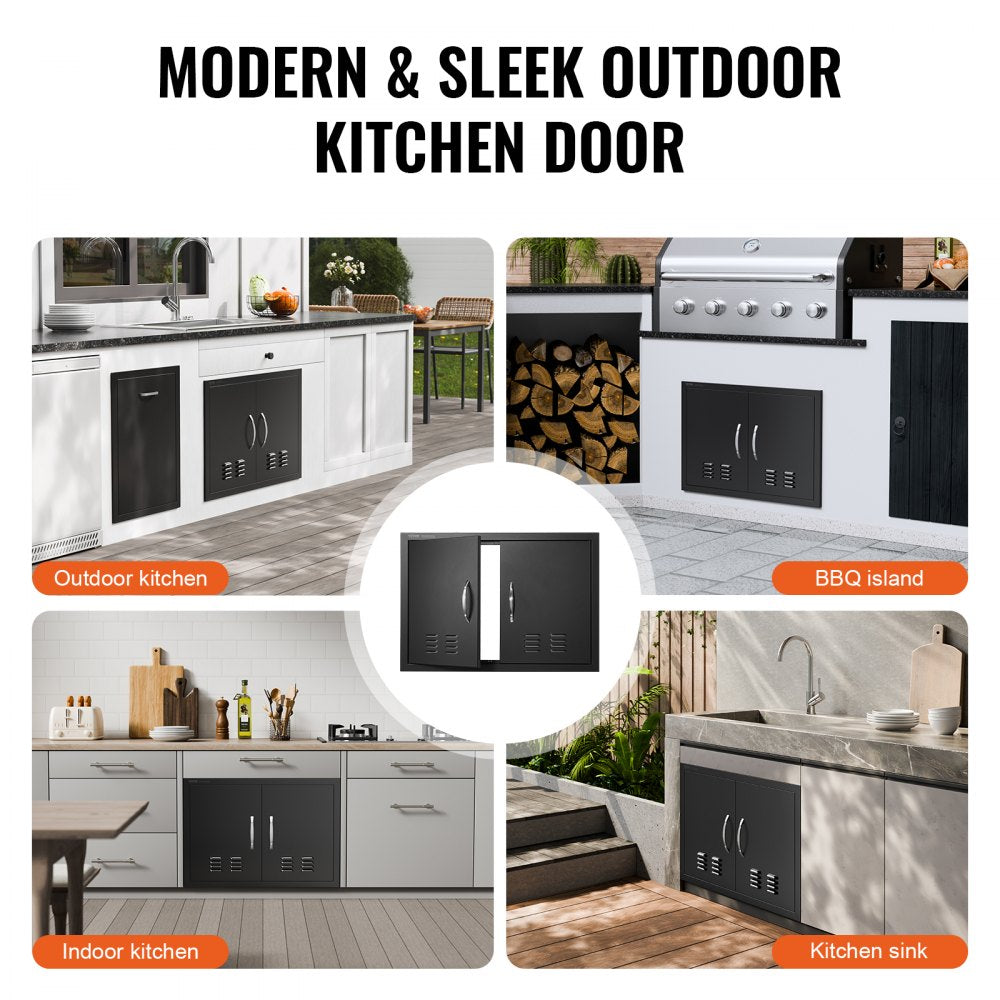 VEVOR BBQ Access Door, 30W x 21H Inch Double Outdoor Kitchen Door, Cold Plate Flush Mount Door, Wall Vertical Door with Handles and Ventss, for BBQ Island, Grilling Station, Outside Cabinet