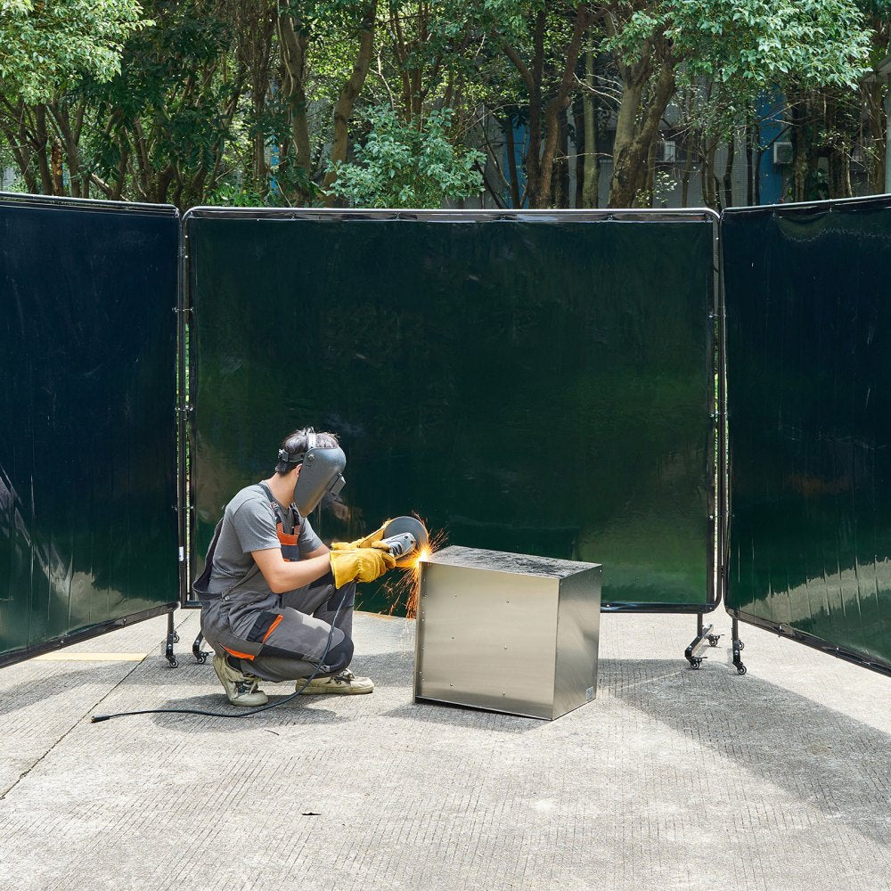 VEVOR Welding Screen with Frame, 3-Panel 6 x 8 FT Welding Curtain Screen, Flame-Resistant Vinyl Safety Protection Screens with 12 Wheels & 6-Level UV Protection for Workshop/Industrial Use, Dark Green