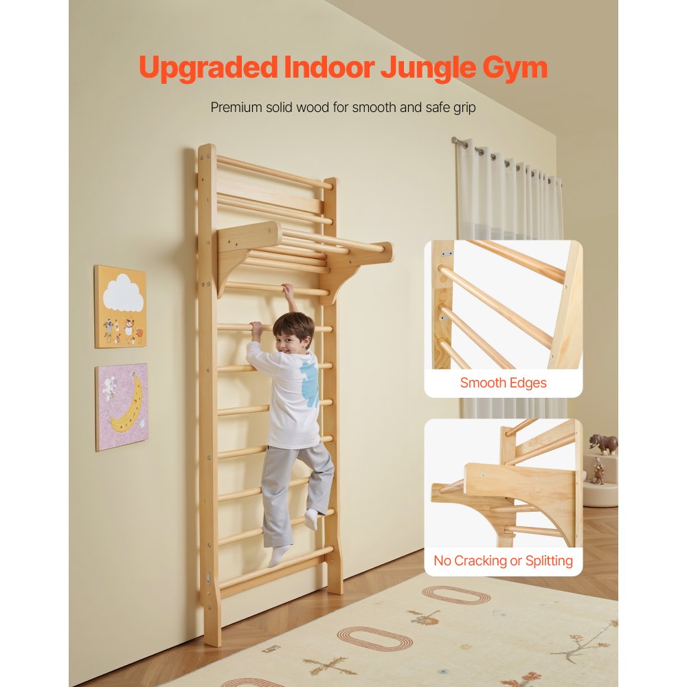 VEVOR Swedish Ladder Wall Gym, 10-Level Solid Wood Indoor Jungle Gym, 220lbs Loading Indoor Playground Climbing Ladder for Kid Adults, Gymnastic Stall Bars with Pull-Up Bar - Ideal Gift for Boys Girls