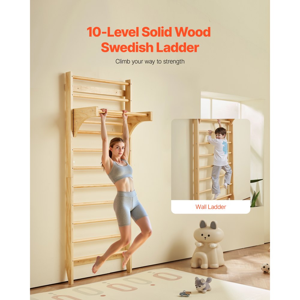 VEVOR Swedish Ladder Wall Gym, 10-Level Solid Wood Indoor Jungle Gym, 220lbs Loading Indoor Playground Climbing Ladder for Kid Adults, Gymnastic Stall Bars with Pull-Up Bar - Ideal Gift for Boys Girls