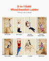 VEVOR 8-in-1 solid wood Swedish ladder set components overview (pull-up bar gym rings swing seat rope ladder wall ladder V ladder slide board)