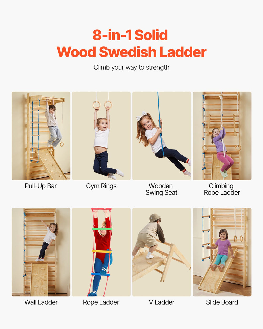 VEVOR 8-in-1 solid wood Swedish ladder set components overview (pull-up bar gym rings swing seat rope ladder wall ladder V ladder slide board)