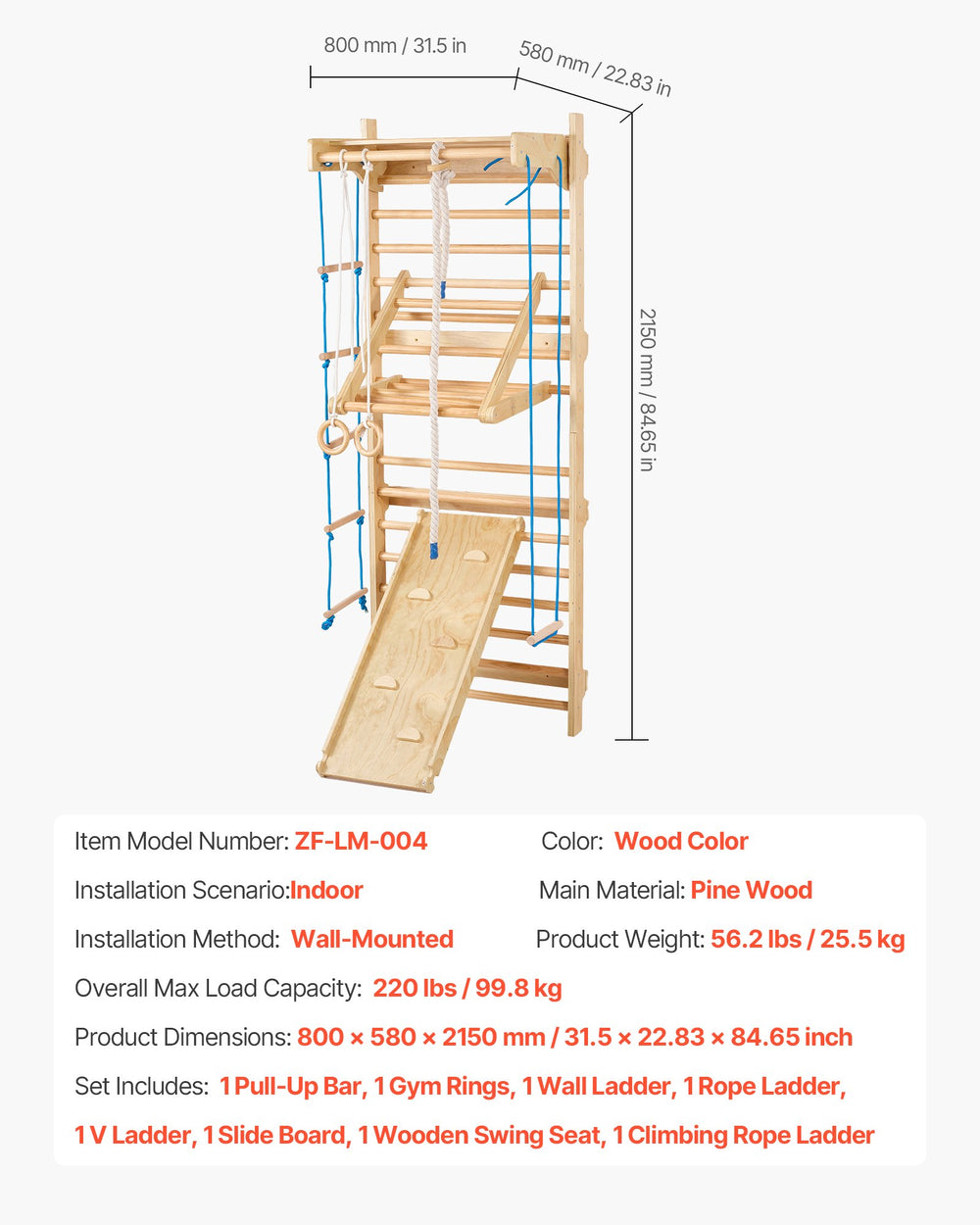 VEVOR Swedish ladder wall gym dimensions and product information graphic