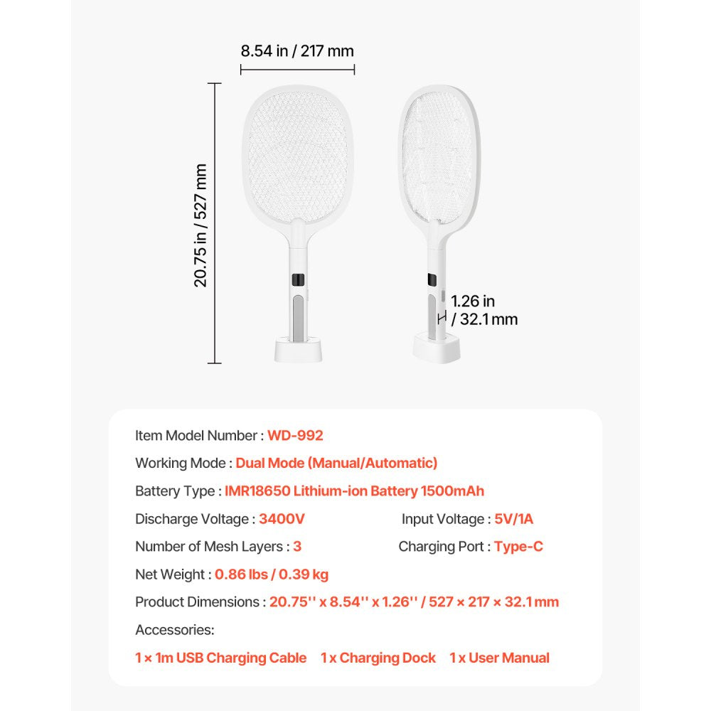 VEVOR Electric Fly Swatter, Zapper Racket with 3 Layers Mesh & Digital Screen Display, Dual Modes Fly Killer with 1500mAh Battery Rechargeable for Home, Bedroom, Kitchen and Patio, White