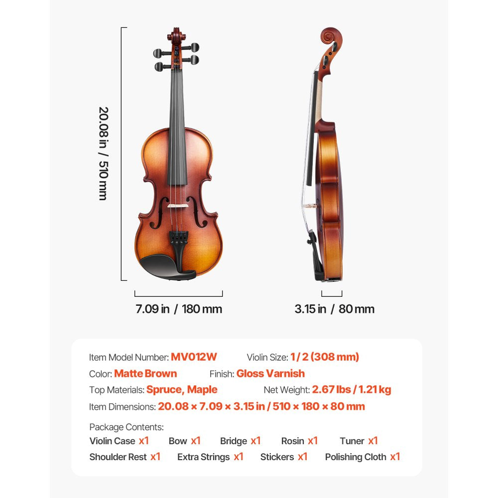 VEVOR Violin 1/2 Size for Adults, Violin Fiddle Set for Beginners Student with Hard Case, Rosin, Bow, Shoulder Rest,Bridge,Tuner and Extra Strings,Solidwood Professional Musical Instruments (Brown)