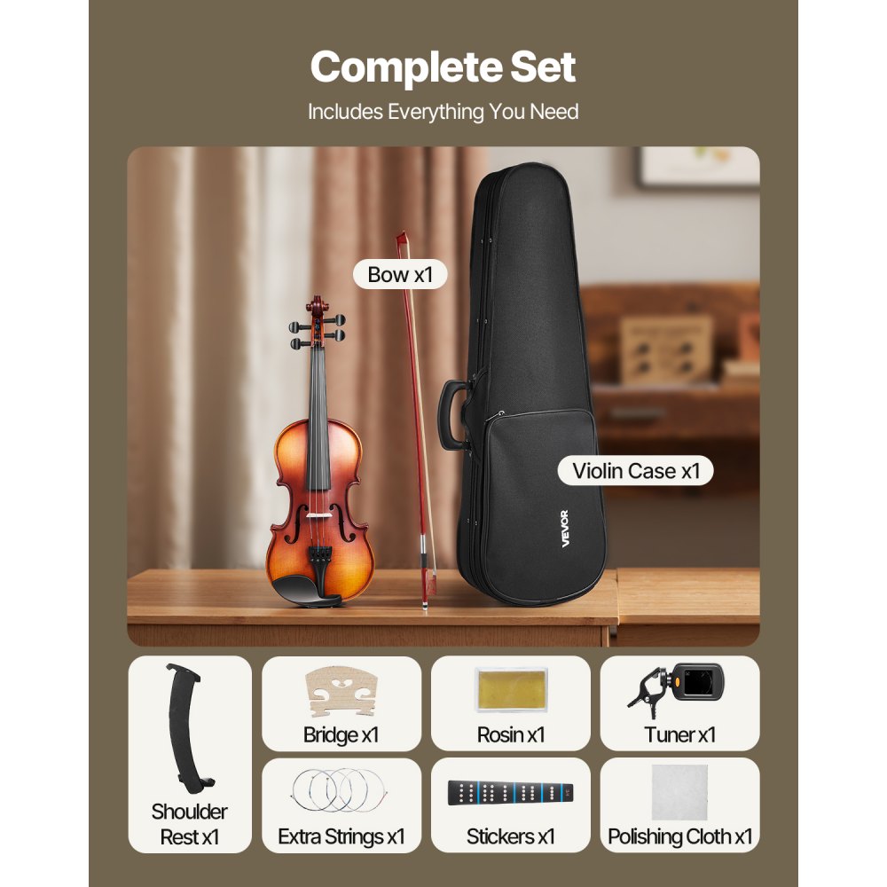 VEVOR Violin 3/4 Size for Adults, Violin Fiddle Set for Beginners Student with Hard Case, Rosin, Bow, Shoulder Rest,Bridge,Tuner and Extra Strings,Solidwood Professional Musical Instruments (Brown)