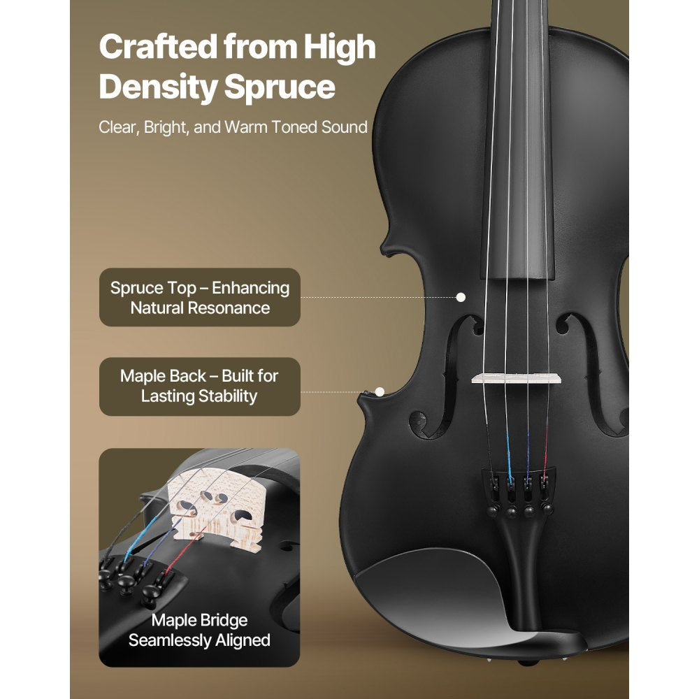 VEVOR Violin 4/4 Full Size for Adults, Violin Fiddle Set for Beginners Student with Hard Case, Rosin, Bow, Shoulder Rest, Bridge, Tuner and Extra Strings, Professional Solidwood Instruments  (Black)