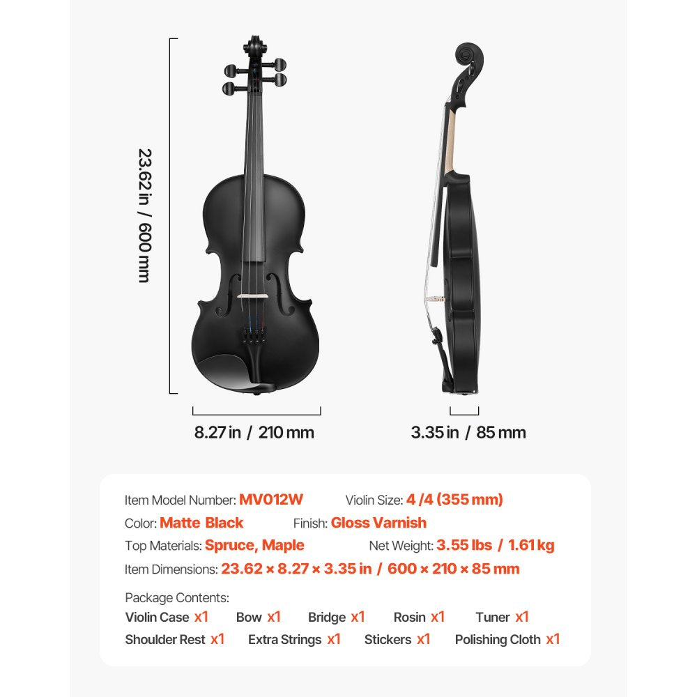 VEVOR Violin 4/4 Full Size for Adults, Violin Fiddle Set for Beginners Student with Hard Case, Rosin, Bow, Shoulder Rest, Bridge, Tuner and Extra Strings, Professional Solidwood Instruments  (Black)