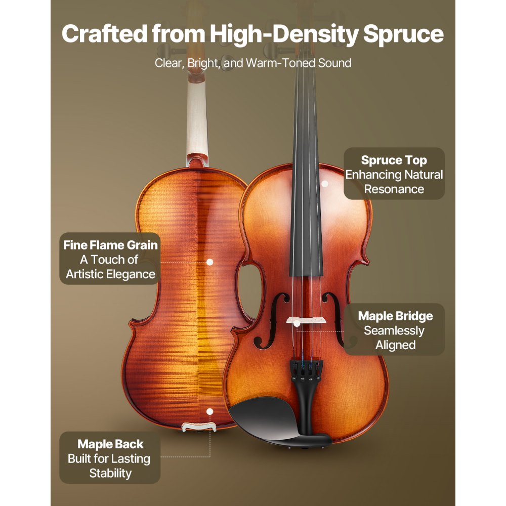 VEVOR Violin 4/4 Full Size for Adults, Violin Fiddle Set for Beginners Student with Hard Case,Rosin, Bow,Shoulder Rest,Bridge,Extra Strings,Professional Solidwood Instrument (Glossy Brown Patterned)