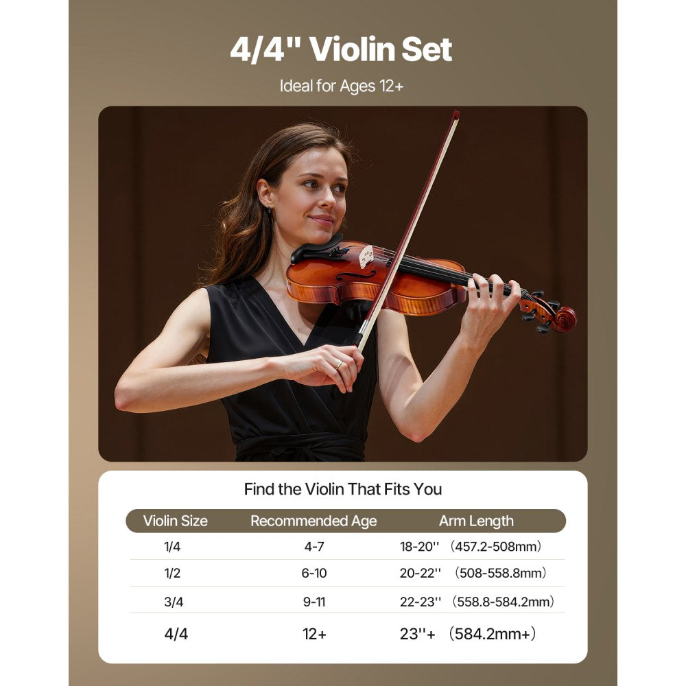 VEVOR Violin 4/4 Full Size for Adults, Violin Fiddle Set for Beginners Student with Hard Case,Rosin, Bow,Shoulder Rest,Bridge,Extra Strings,Professional Solidwood Instrument (Glossy Brown Patterned)