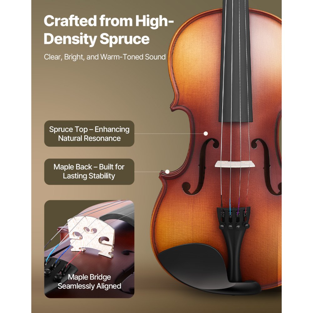 VEVOR Violin 4/4 Full Size for Adults, Violin Fiddle Set for Beginners Student with Hard Case, Rosin, Bow, Shoulder Rest,Bridge,Extra Strings,Professional Solidwood Instrument (Matte Brown)