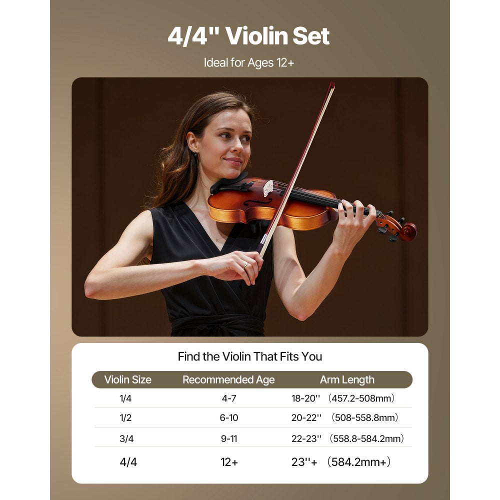VEVOR Violin 4/4 Full Size for Adults, Violin Fiddle Set for Beginners Student with Hard Case, Rosin, Bow, Shoulder Rest,Bridge,Extra Strings,Professional Solidwood Instrument (Matte Brown)