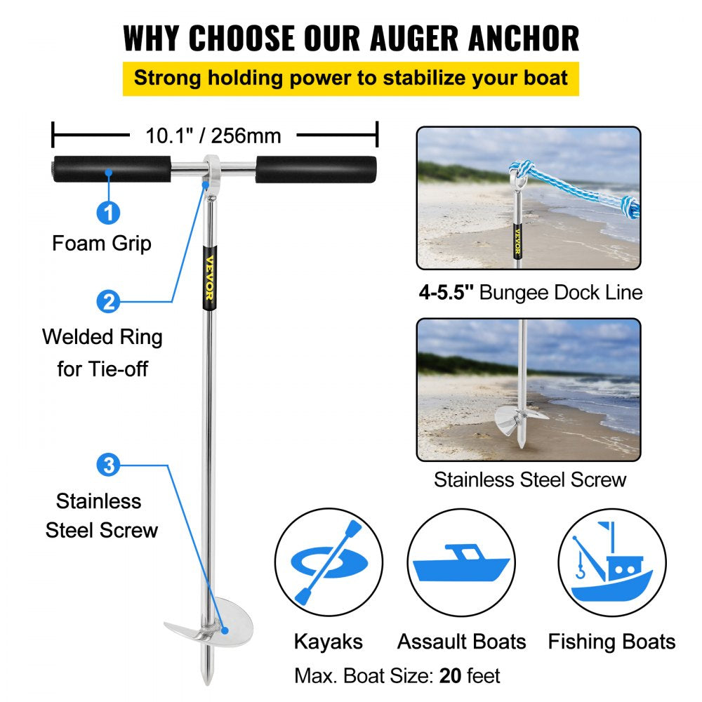 VEVOR Sand Anchor, 18\" Length Auger to The Beach and Sandbar, 316 Stainless Steel Screw Anchor with Removable Handle, Bungee Line & Carry Bag, for Jet Ski PWC Pontoon Kayak