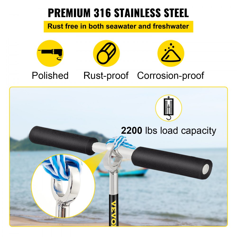 VEVOR Sand Anchor, 18\" Length Auger to The Beach and Sandbar, 316 Stainless Steel Screw Anchor with Removable Handle, Bungee Line & Carry Bag, for Jet Ski PWC Pontoon Kayak