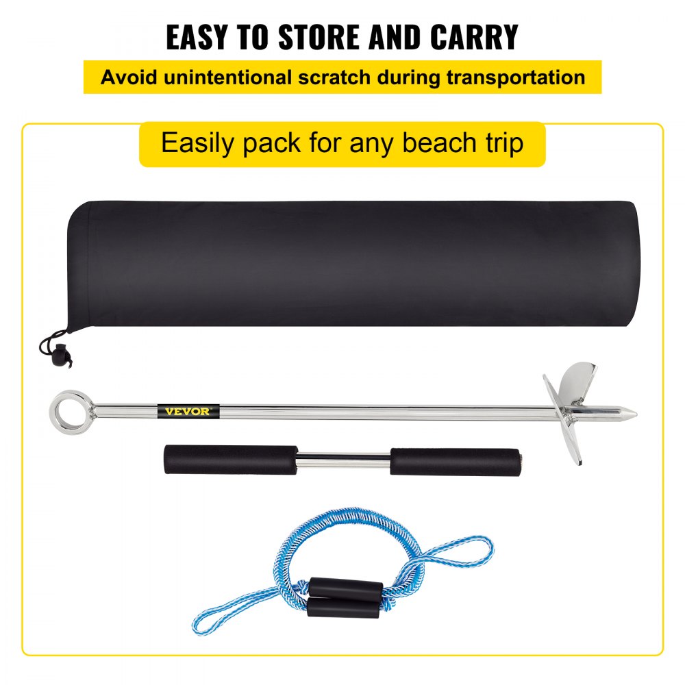VEVOR Sand Anchor, 18\" Length Auger to The Beach and Sandbar, 316 Stainless Steel Screw Anchor with Removable Handle, Bungee Line & Carry Bag, for Jet Ski PWC Pontoon Kayak