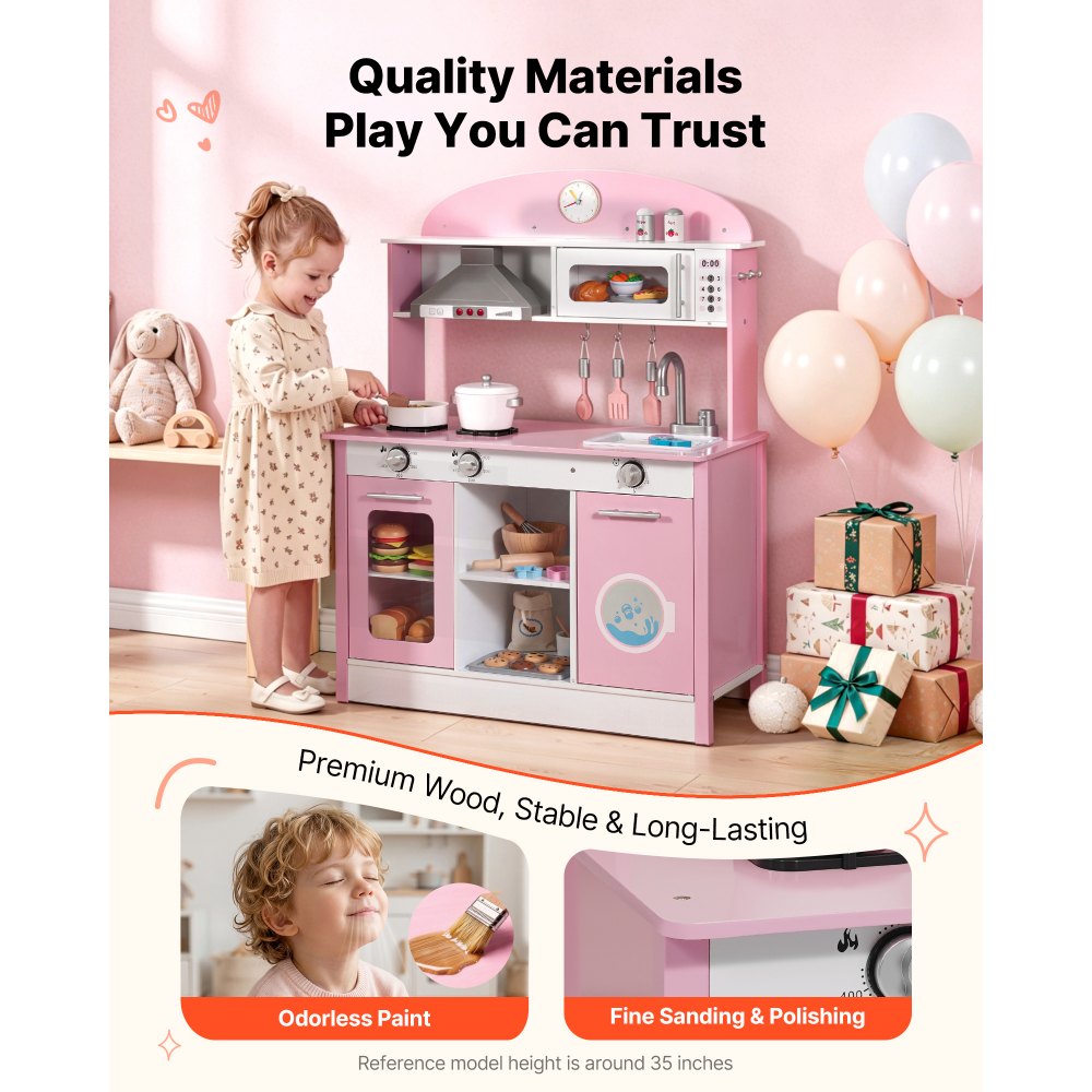 VEVOR Play Kitchen for Kids, Wooden, Kids Kitchen Playset with Real Lights & Sounds, Food & Cookware Accessories, Pretend Play Toy Set, Range Hood, Microwave, for Toddlers, Girls & Boys Ages 3-8, Pink