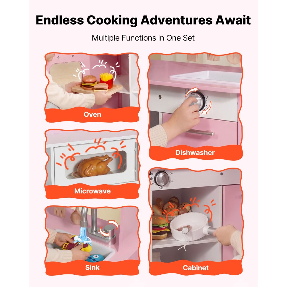 VEVOR Play Kitchen for Kids, Wooden, Kids Kitchen Playset with Real Lights & Sounds, Food & Cookware Accessories, Pretend Play Toy Set, Range Hood, Microwave, for Toddlers, Girls & Boys Ages 3-8, Pink