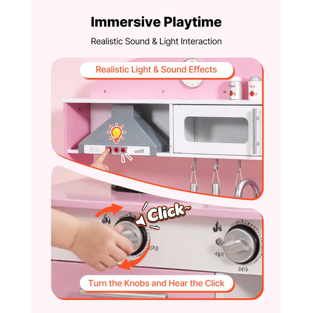 VEVOR Play Kitchen for Kids, Wooden, Kids Kitchen Playset with Real Lights & Sounds, Food & Cookware Accessories, Pretend Play Toy Set, Range Hood, Microwave, for Toddlers, Girls & Boys Ages 3-8, Pink