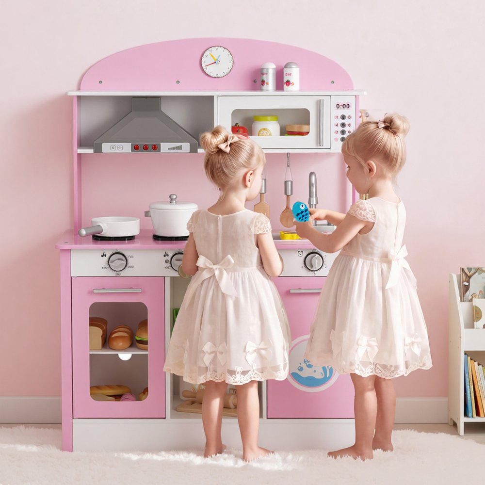 VEVOR Play Kitchen for Kids, Wooden, Kids Kitchen Playset with Real Lights & Sounds, Food & Cookware Accessories, Pretend Play Toy Set, Range Hood, Microwave, for Toddlers, Girls & Boys Ages 3-8, Pink