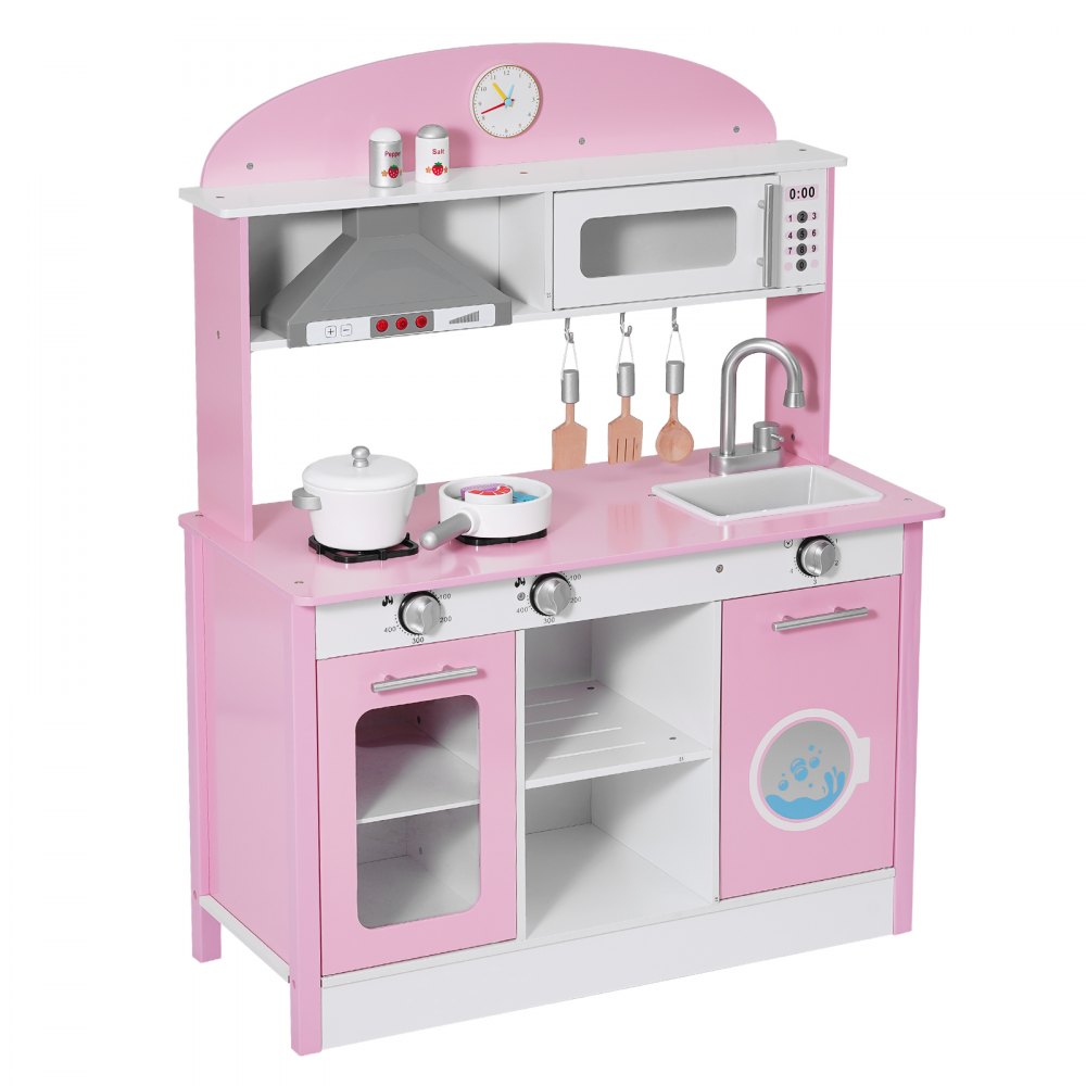 VEVOR Play Kitchen for Kids, Wooden, Kids Kitchen Playset with Real Lights & Sounds, Food & Cookware Accessories, Pretend Play Toy Set, Range Hood, Microwave, for Toddlers, Girls & Boys Ages 3-8, Pink