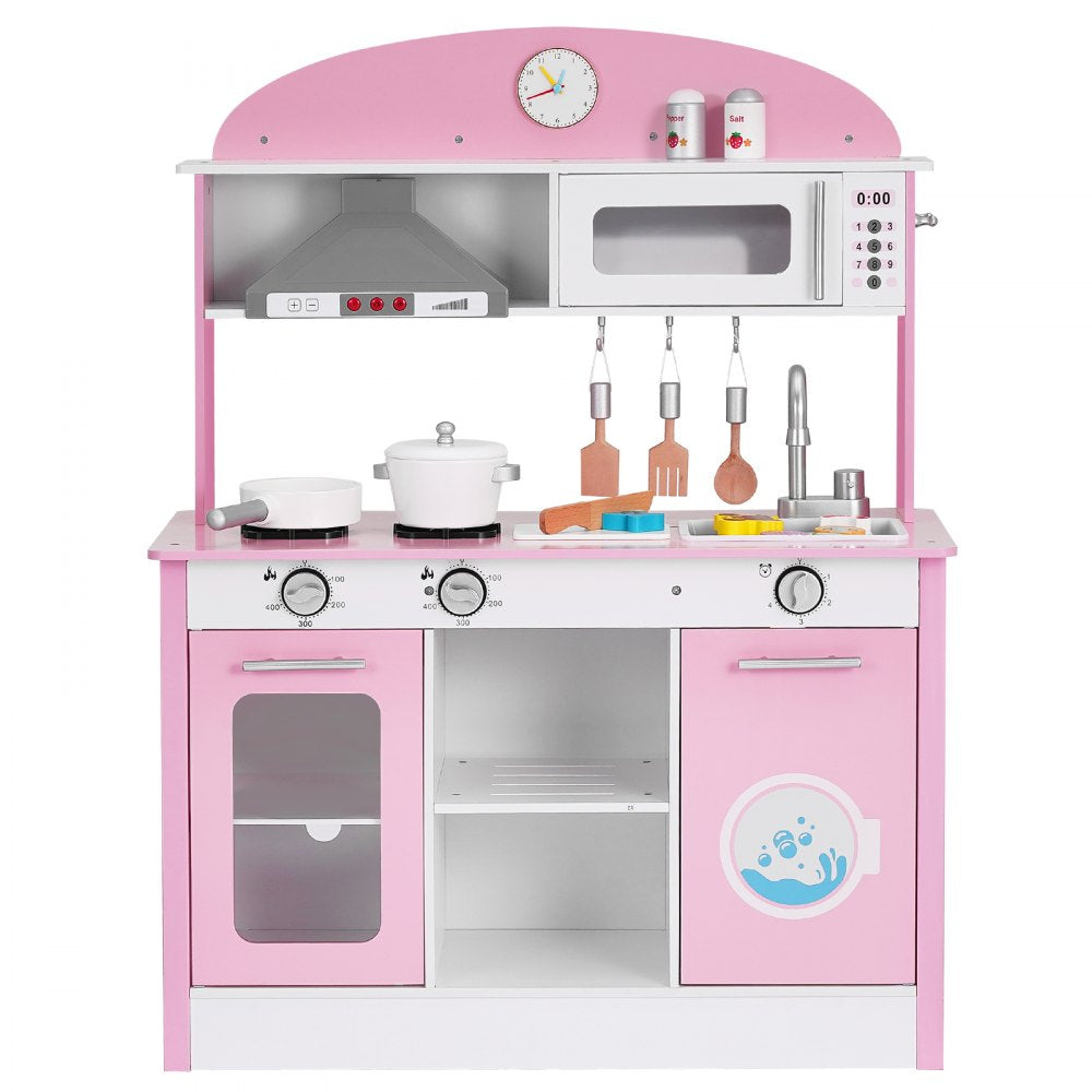 VEVOR Play Kitchen for Kids, Wooden, Kids Kitchen Playset with Real Lights & Sounds, Food & Cookware Accessories, Pretend Play Toy Set, Range Hood, Microwave, for Toddlers, Girls & Boys Ages 3-8, Pink