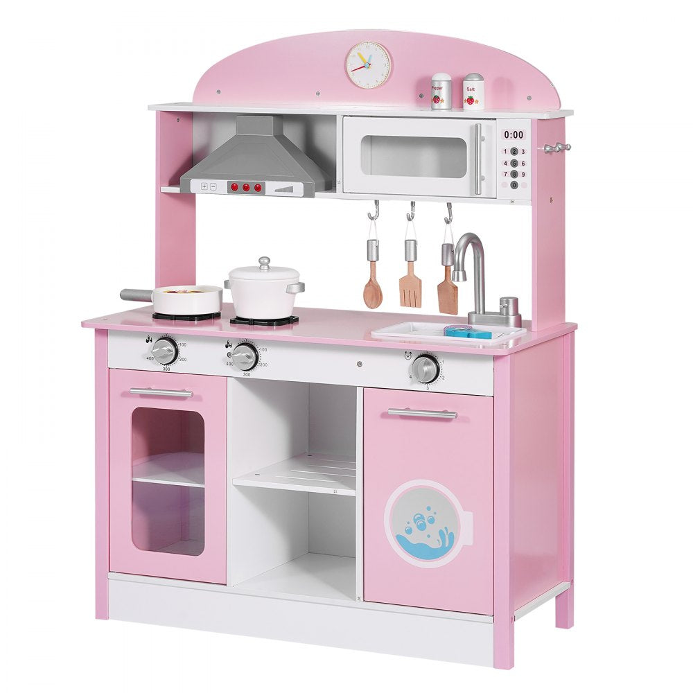 VEVOR Play Kitchen for Kids, Wooden, Kids Kitchen Playset with Real Lights & Sounds, Food & Cookware Accessories, Pretend Play Toy Set, Range Hood, Microwave, for Toddlers, Girls & Boys Ages 3-8, Pink
