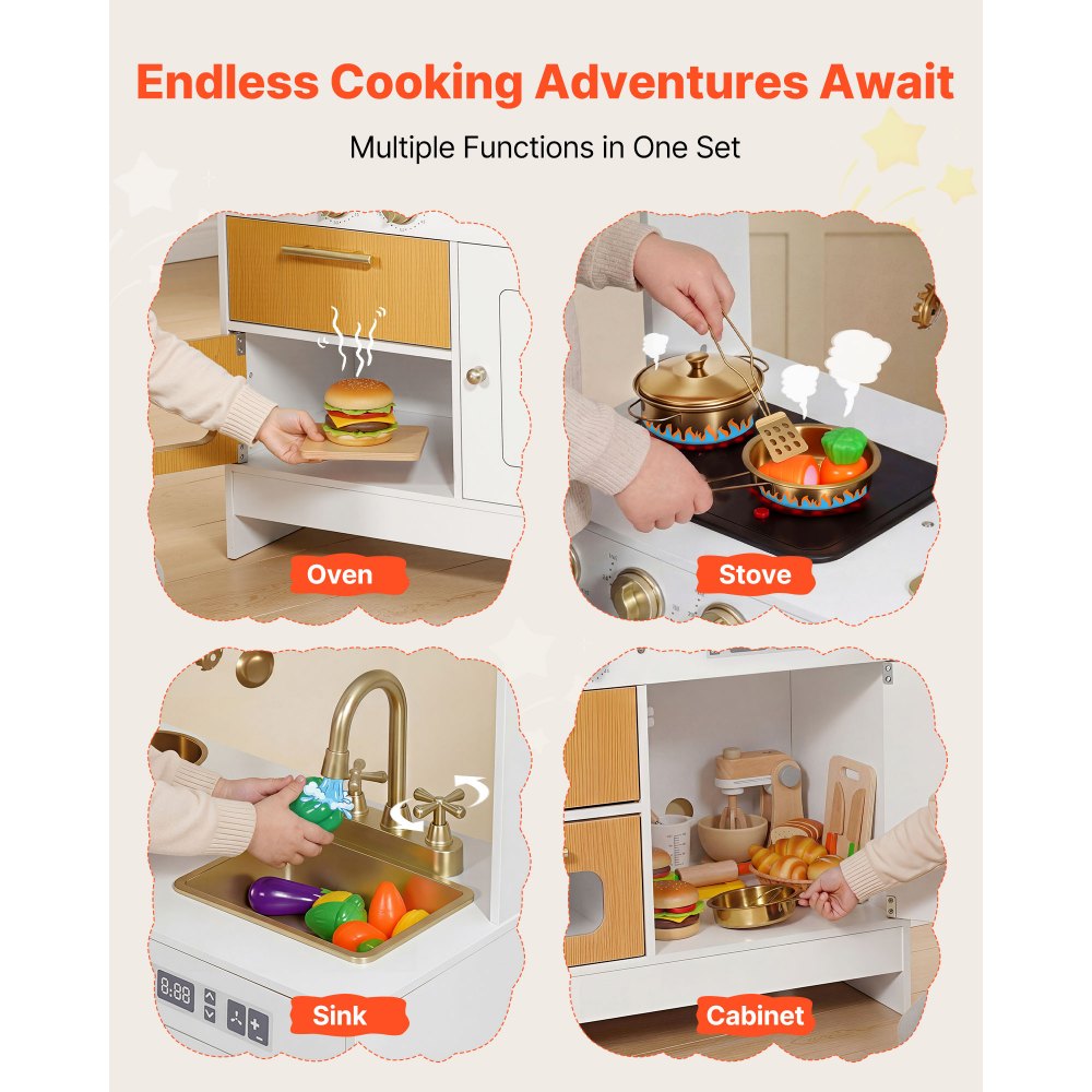 VEVOR Play Kitchen for Kids, Wooden, Kids Kitchen Playset with Real Lights & Sounds, Food & Cookware Accessories, Pretend Play Toy Set, Sink, Oven, Stove, Cabinet, for Toddlers, Girls & Boys Ages 3-8