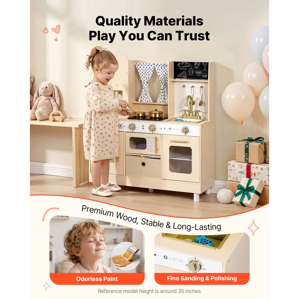 VEVOR Play Kitchen for Kids, Wooden, Kids Kitchen Playset with Realistic Lights & Sounds, Food & Cookware, Modern Style Pretend Play Toy Set, Ice Maker, Microwave, for Toddlers, Girls & Boys Ages 3-8
