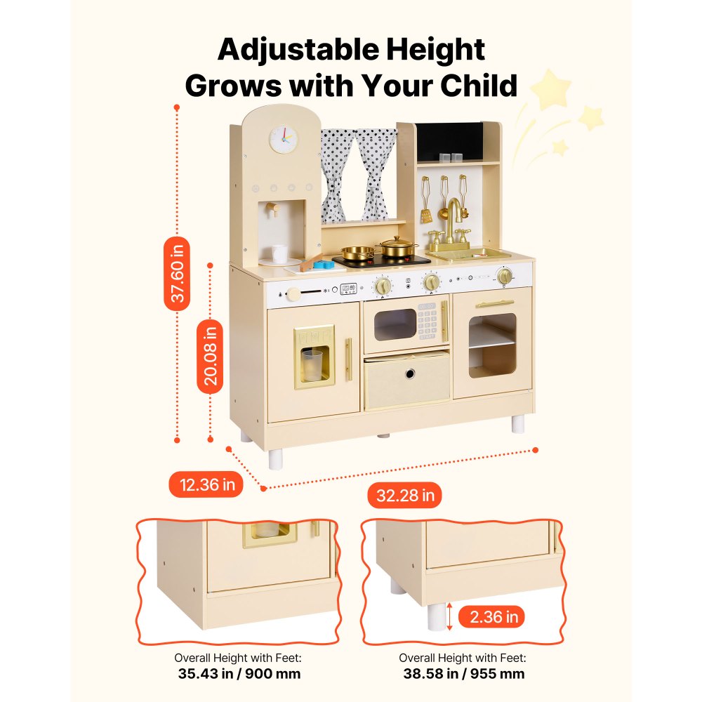 VEVOR Play Kitchen for Kids, Wooden, Kids Kitchen Playset with Realistic Lights & Sounds, Food & Cookware, Modern Style Pretend Play Toy Set, Ice Maker, Microwave, for Toddlers, Girls & Boys Ages 3-8