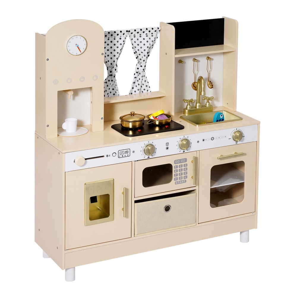VEVOR Play Kitchen for Kids, Wooden, Kids Kitchen Playset with Realistic Lights & Sounds, Food & Cookware, Modern Style Pretend Play Toy Set, Ice Maker, Microwave, for Toddlers, Girls & Boys Ages 3-8