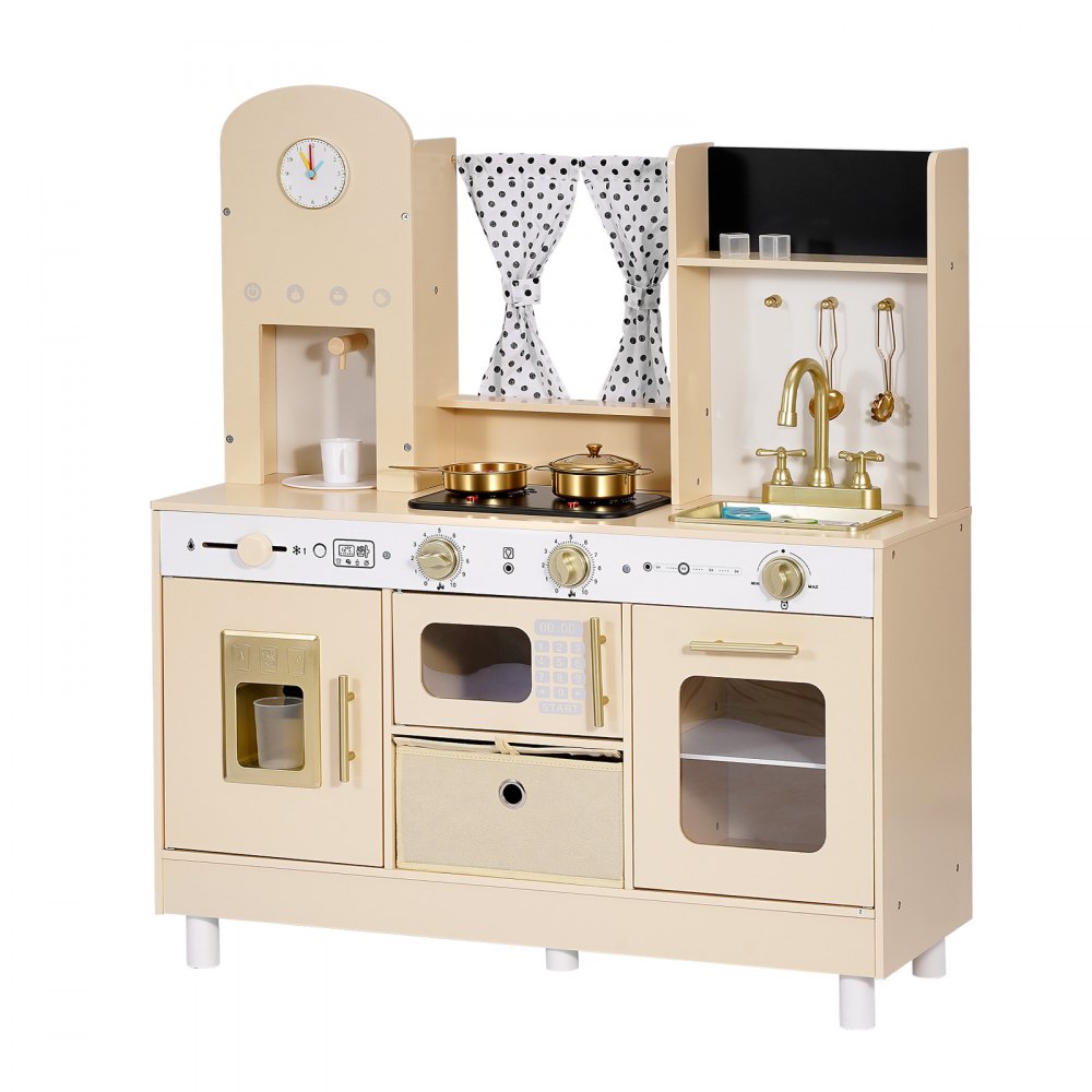 VEVOR Play Kitchen for Kids, Wooden, Kids Kitchen Playset with Realistic Lights & Sounds, Food & Cookware, Modern Style Pretend Play Toy Set, Ice Maker, Microwave, for Toddlers, Girls & Boys Ages 3-8