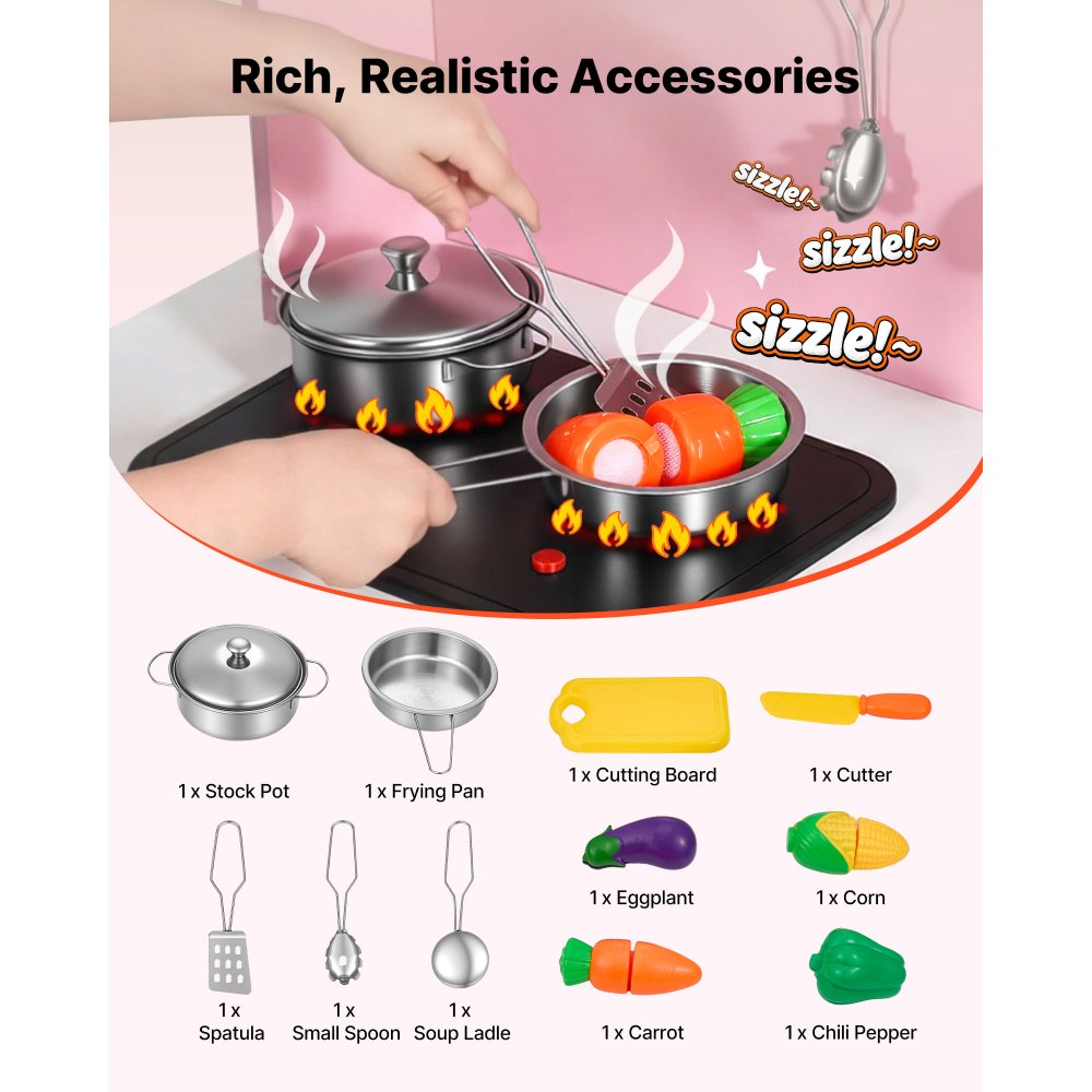 VEVOR Play Kitchen for Kids, Wooden, Kids Kitchen Playset with Real Lights & Sounds, Food & Cookware, Pretend Play Toy Set, Microwave, Oven, Clicking Knobs, for Toddlers, Girls & Boys Ages 3-8, Pink
